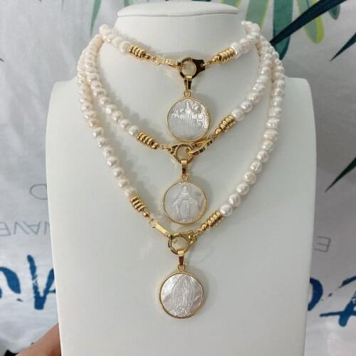 Religious Jewelry Guadalupe Miracle San Benito Shell Pendant Freshwater Pearls Necklace