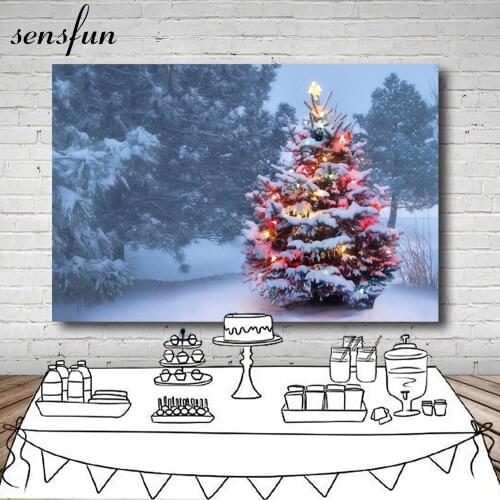 Sensfun Merry Christmas Day Backdrop Winter Outdoor White Snow Christmas Tree Photography Backgrounds For Photo Studio 7x5ft