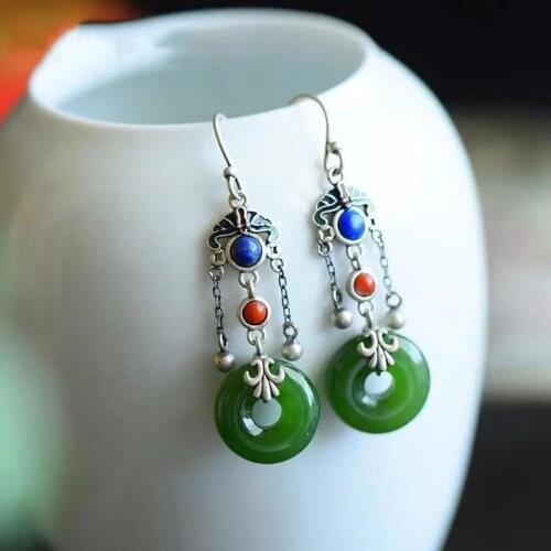 S925 Sterling Silver Tassel Jasper Peace Buckle Vintage Earrings Classical Chinese Style Natural Hetian Jade Earrings Earrings f