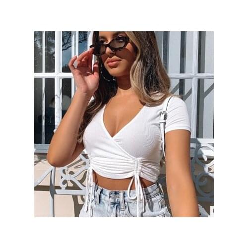 Summer Womens Rib Knit Wrap Tops Solid Color Sexy V-Neck Short Sleeve Drawstring Ruched Front T-Shirt