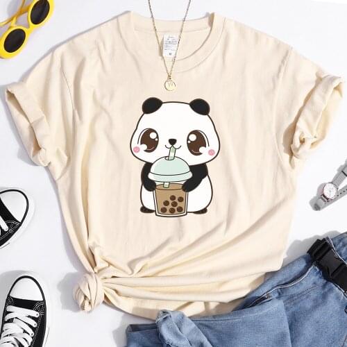 Cute Little Panda Drink Milk Tea Printed Womens t-Shirts Vintage Loose Tops Spring Summer Casual t-Shirt o-Neck Womens Tshirts