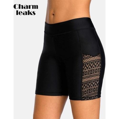 Charmleaks Womens Swim Shorts High Waisted Hollow Out Boyleg Board Shorts Swimming Bottoms