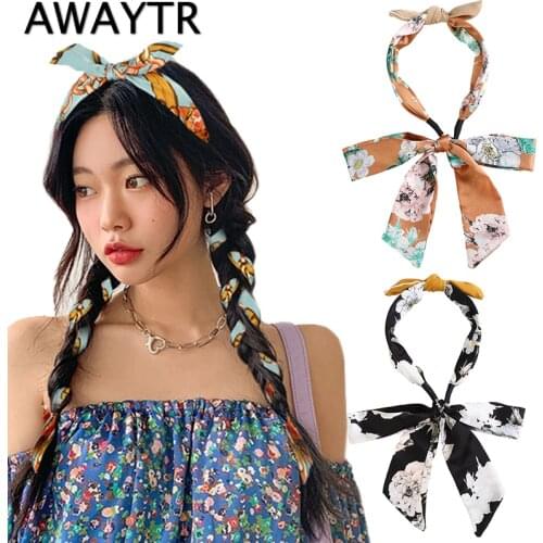 AWAYTR Printed Satin Hairband Ribbon Bow Bezel Headwear Headband Girls Hair Bands Vintage Hairband Hoop Woman Hair Accessories