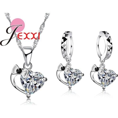 Good Quality Luxury Clear Crystal Rhinestone Heart 925 Sterling Silver Necklace Earrings Jewelry Sets Womens Jewelry Sets