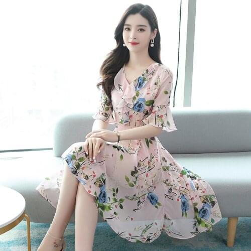 2021 Fashion Elegant Pink Print Chiffon Sweet Mini Dress Summer 2XL Plus Size Vintage Runway Dress Women Bodycon Party Vestidos