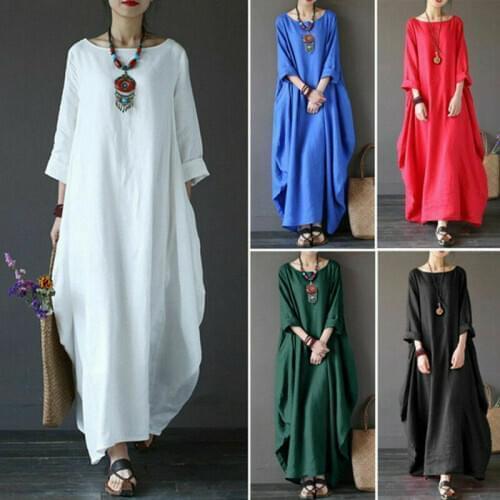 Women Linen Cotton 3/4 Sleeve Loose Oversized Baggy Dress Boat Scoop Neck Boho