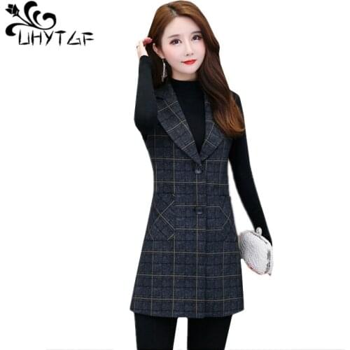 UHYTGF Vests for women fashion plaid single-breasted Autumn vest waistcoat Casual women sleeveless jacket 5XL Plus size vest1300