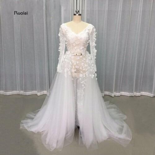 2017 Real Image Lace Evening Dresses Long Sleeve Flowers Beading Pearls Wedding Party Dresses With Removable Train Custom Made