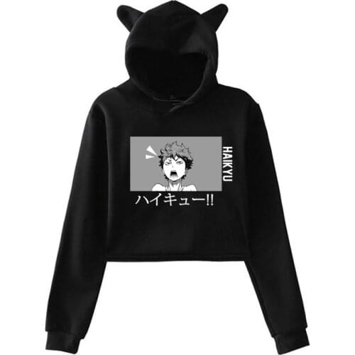 Anime Volleyball Haikyuu Karasuno Women Cropped Hoodie Cat-Ear Sweat Sexy Pullovers Navel Bare Top Lady Teens Girls Japanese