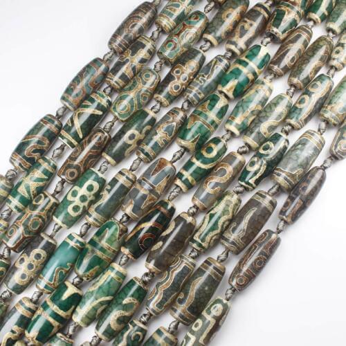 Free shipping! 10x30mm Green DZI beads Tibet Olivary Agat stone Oval DIY Pendant Loose Beads 15"