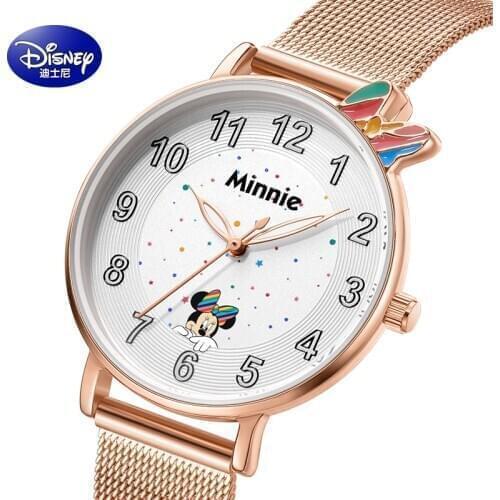 Disney Original Girl Quarz Casual Wrist Watches Micky Mouse White Rose Gold PU New Waterproof Cute Kids Women Student Gift Clock