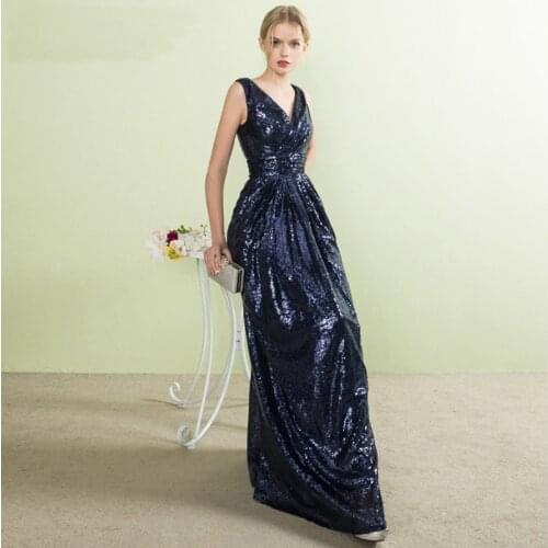 Elegant Mermaid V-Neck Sequined Floor-Length Evening Dresses Navy Blue Short Sleeves Zipper-up Sexy Formal Gown 2021 New Style