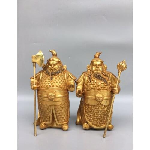 9"Chinese temple collection Old Bronze Gilt Door god statue A pair Yu Chigong Qin Shubao Ornaments Town House Exorcism