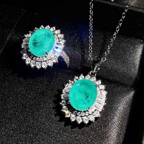 QTT Charms Bridal Jewelry Sets Paraiba Tourmaline Gemstone Lad Diamond Ring Necklace S925 Sterling Silver Wedding Accessories