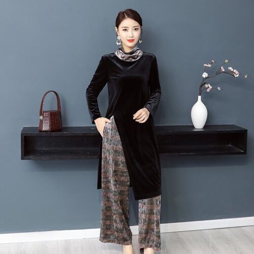 Asia & Pacific women clothing velvet Korea style Top+Pant sets spring autumn suit oriental vestido elegant Asia ethnic costume
