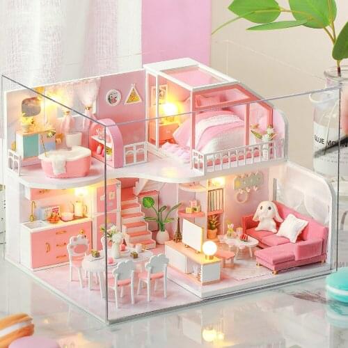 Doll House Furniture Diy Miniature 3D Wooden Miniaturas Dollhouse Toys for Children Girls Birthday Gifts pink