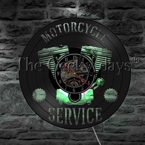 Motorcycle Service Business Sign LED Table Lamp Motorbike Repair Workshop Vinyl Record Wall Clock Garage Decor Sleep Lamp