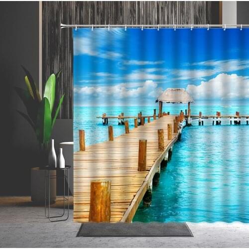 Ocean Landscape Printed Shower Curtains Mediterranean Style Tropical Scenery Bathroom Decor Washable Fabric Bathtub Screen Set