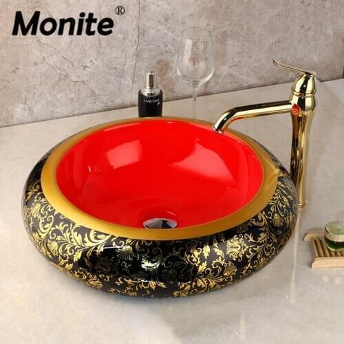 Monite Golden Ceramics Painted Glaze Basin Set Bathroom Faucet Counter Top Basin Sink Single Hand Vanity Sink Mixer Water Tap