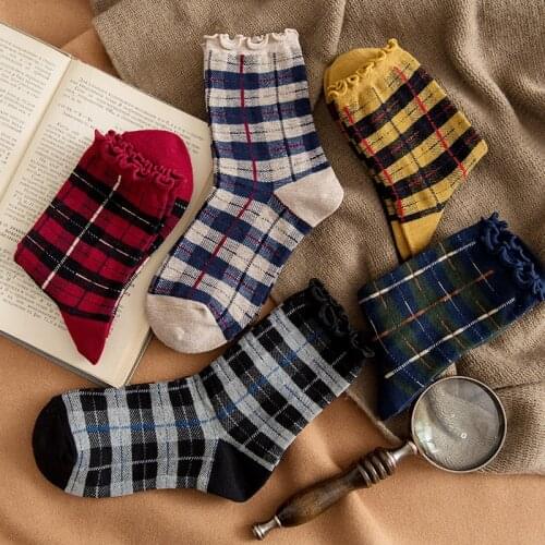 10 pieces = 5 pairs New Style Retro Style Socks Women Plaid Socks Wooden Ear Socks