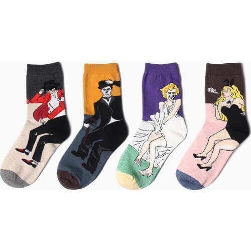 New Fashion Novelty Abstract Oil Painting Art Socks Hip Hop Women and Men Marilyn Monroe Michael Jackson Long Socks Cotton Sock