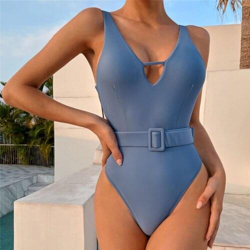 2021 New Sexy Blue Swimwear Women One Piece Swimsuit Female Backless with Belt High Cut Monokini Bathing Suit Beachwear Bather