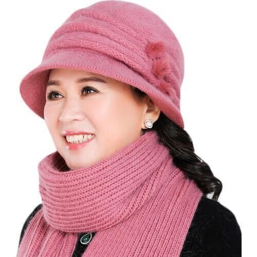 New Winter Women Hat Scarf Set Casual Mom Hats and Scarf Set for Female Rabbit Fur Hat Winter Thick Knitted Women Caps Beanies