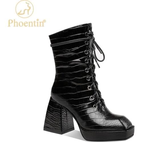 Phoentin Womens autumn boots western Platform boots side zip closure chunky high heels cross tied womens shoes 2020 FT1169