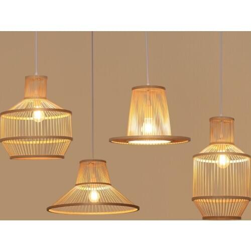 Natural Bamboo Wicker Rattan Shade Cage Lantern Pendant Light Fixture Asian Rustic Japanese Style Lamp Kitchen Dining Table Room