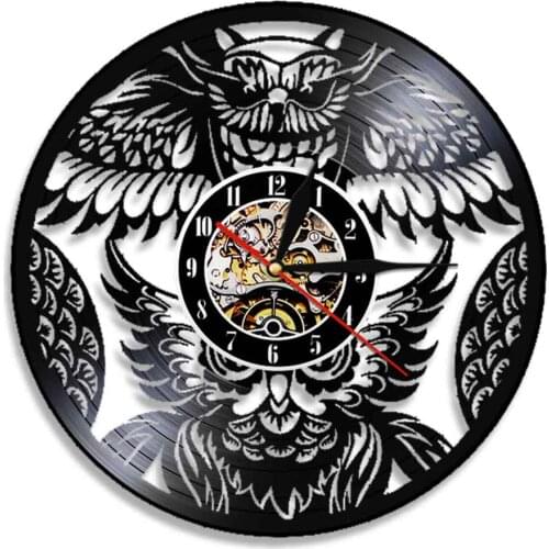 Owl Design Wall Clock Vinyl LP Record Time Clock Non-Ticking Quartz Movement Bird LED Light Watch Vintage Zoo Animals Timepiece