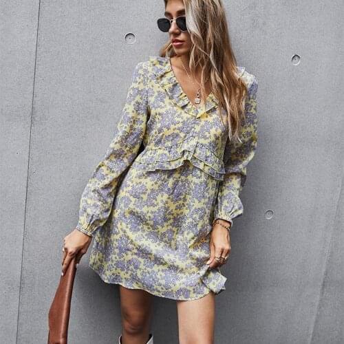 Sexy Women Dress Elegant V Neck Boho Dress Autumn Mini Dress Floral Print Party Dresses Long Sleeve High Waist Female Dresses