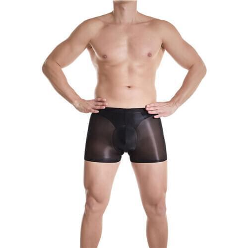 Sexy Men Safety Short Pants Seamless Boxers Oil Shiny Stockings Sheer See Through Shorts Underwear Erotic Lingerie Plus Size F18