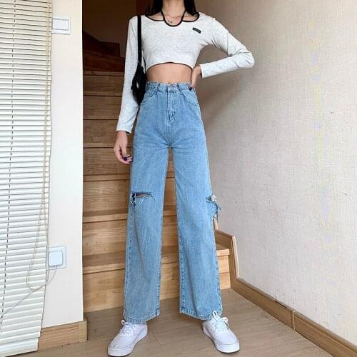 Shnsophi Autumn Women Long Blue Denim Pants High Waist Washed Retro Streetwear Female Hole Straight Jeans Vintage Trousers
