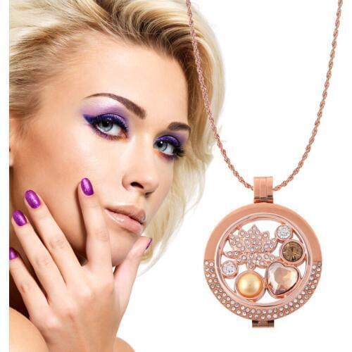 Vinnie Design Jewelry Stainless Steel 33mm Crystal Coin Pendant Necklace with 80cm Rose Gold Soprano Chain
