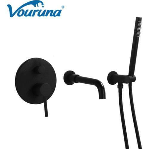 VOURUNA Matte Black Bathroom Wall Mount Bathtub Faucet Spout with Hand shower Set