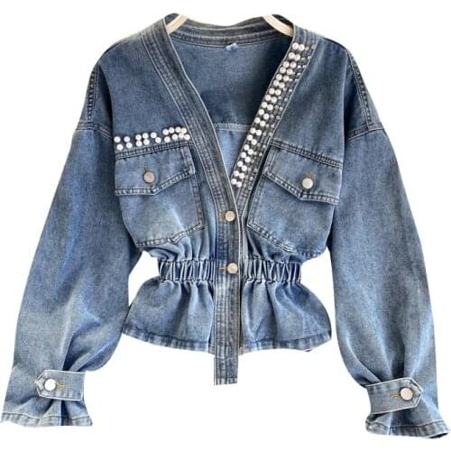 2021 New Spring Beaded V-neck Slim Short Denim Jacket Short Denim Jacket Womens Casual Long-sleeved Denim Jacket