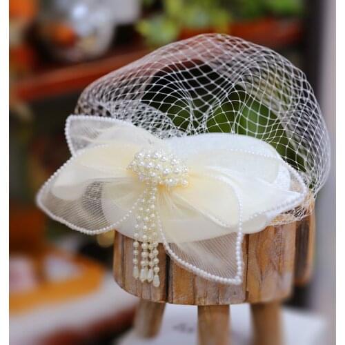 Vintage Face Veil Fascinator Hat Hair Clips for Women Pearl Fringe Tassel Headwear Elegant Ladies Big Bow Wedding Hat Headpiece