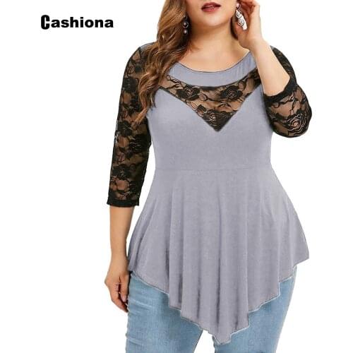 Cashiona Plus Size Women Elegant Leisure Casual Loose Patchwork Lace Womens Top 2021 New Summer Irregular Tees shirt Femme 5XL