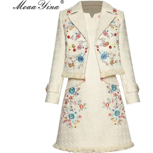 MoaaYina Fashion Designer Set Spring Autumn Womens Flowers Embroidery dress+Long sleeve Double breasted jacket Two-piece set