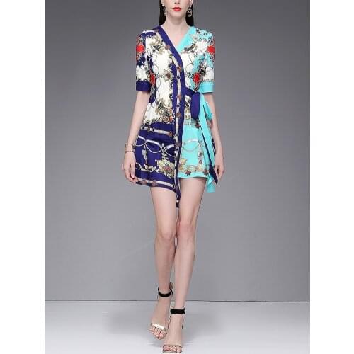 2019 spring and summer new European and American womens V-neck sleeves with waist irregular personality fashion print dress