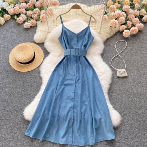 2021 Summer womens dress Korean version of the retro solid color V-neck suspender dress New Waist Female Dresses E014