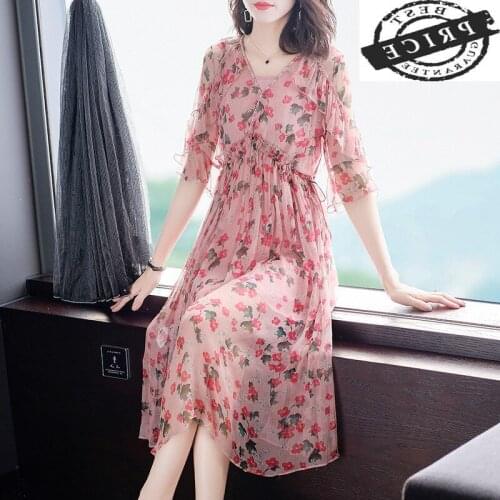 New Summer 2021 Spring Real Silk Dress Women Vintage Floral Beach Boho Long Dresses Elegant Pink Boho Party Vestidos a2a6