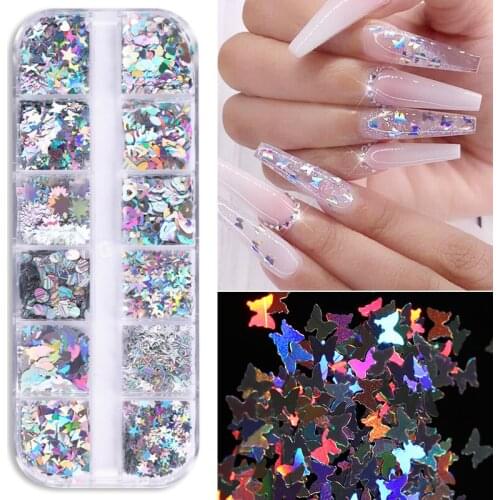 1 Box Nail Sequins Laser Love Heart Flakes Holographics Butterfly Mixed Color Sparkly Nail Glitter Powder Nail Art Decorations