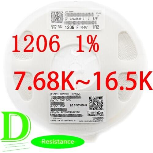 100PCS SMD Resistor RC Series 1206 1% Original RC1206FR-07 Series 7.68K-16.5K All resistors 8.2K 9.1K 10K 11K 12K 13K 15K 16K