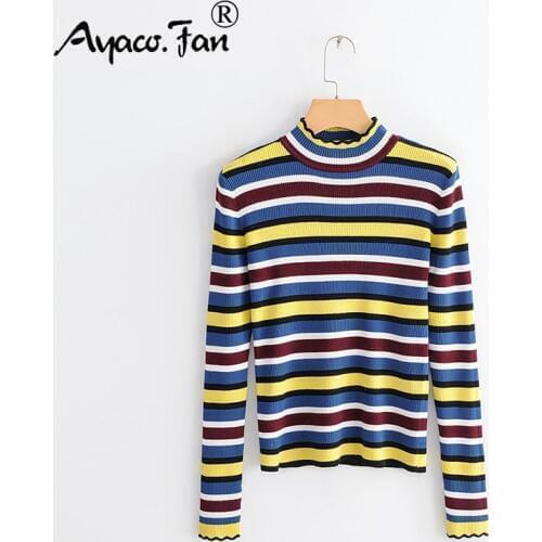 2019 Autumn New Fashion Harajuku Vintage Knitwear Colorful Rainbow Striped Multicolored Knitted Pullover Femme Women Sweaters