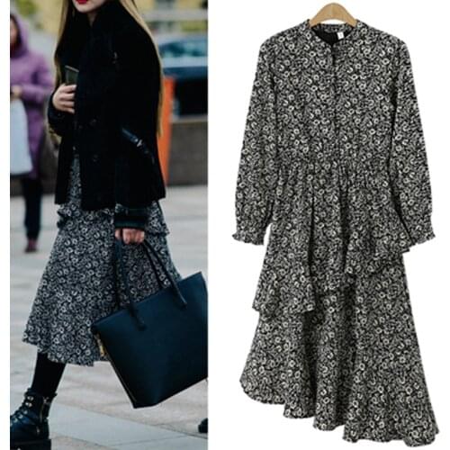 2020 new Europe and United States vintage dress plus size long sleeve stand collar long dress vestido floral print autumn dress