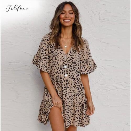 2021 Summer Leopard Print Mini Dress Women Summer Sexy Print Ruffles Short Sleeve V Neck Party Beach Dress Vestidos Sundress