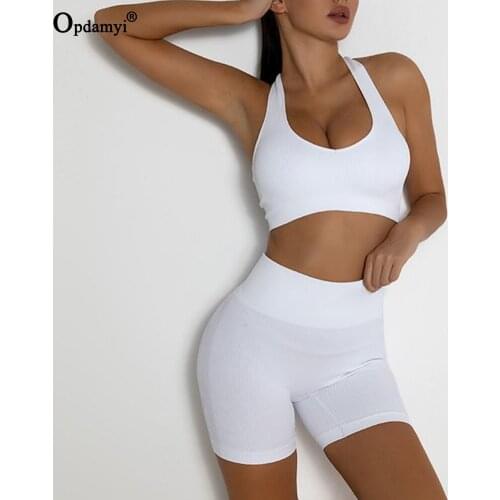 2021New Seamless Women Vital Yoga Set 2Pcs Workout Suit Sport Bra Gym Clothing Shorts High Waist Running Fitness Short Set White
