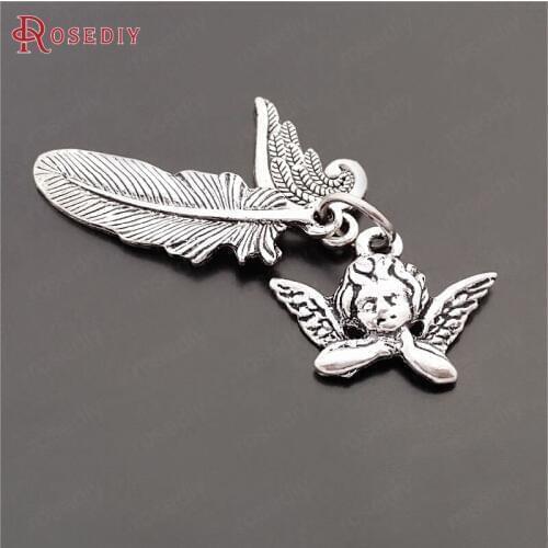 29585)10 Sets Full Height 32MM Antique Style Zinc Alloy Angel Feather Wing Set Charms Pendants Jewelry Findings Accessories