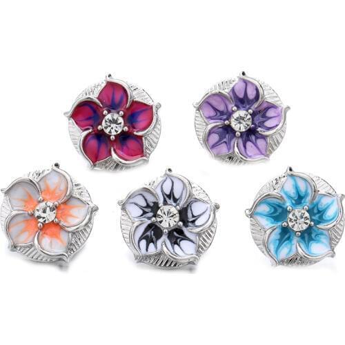 5pcs/lot New Snap Jewelry 18mm Snap Button Rhinestone Painting Oil Rose Flowers Jewelry Fit 18mm Leather Snap Bracelet